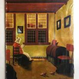 Mid century signed painting with Flemish interior