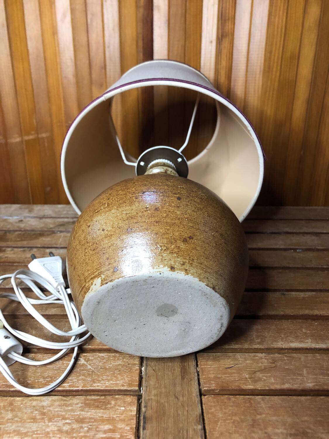 Ancienne lampe boule en grès + abat-jour blanc vintage #a549