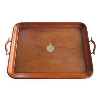 Large old wooden serving tray with central monogram
