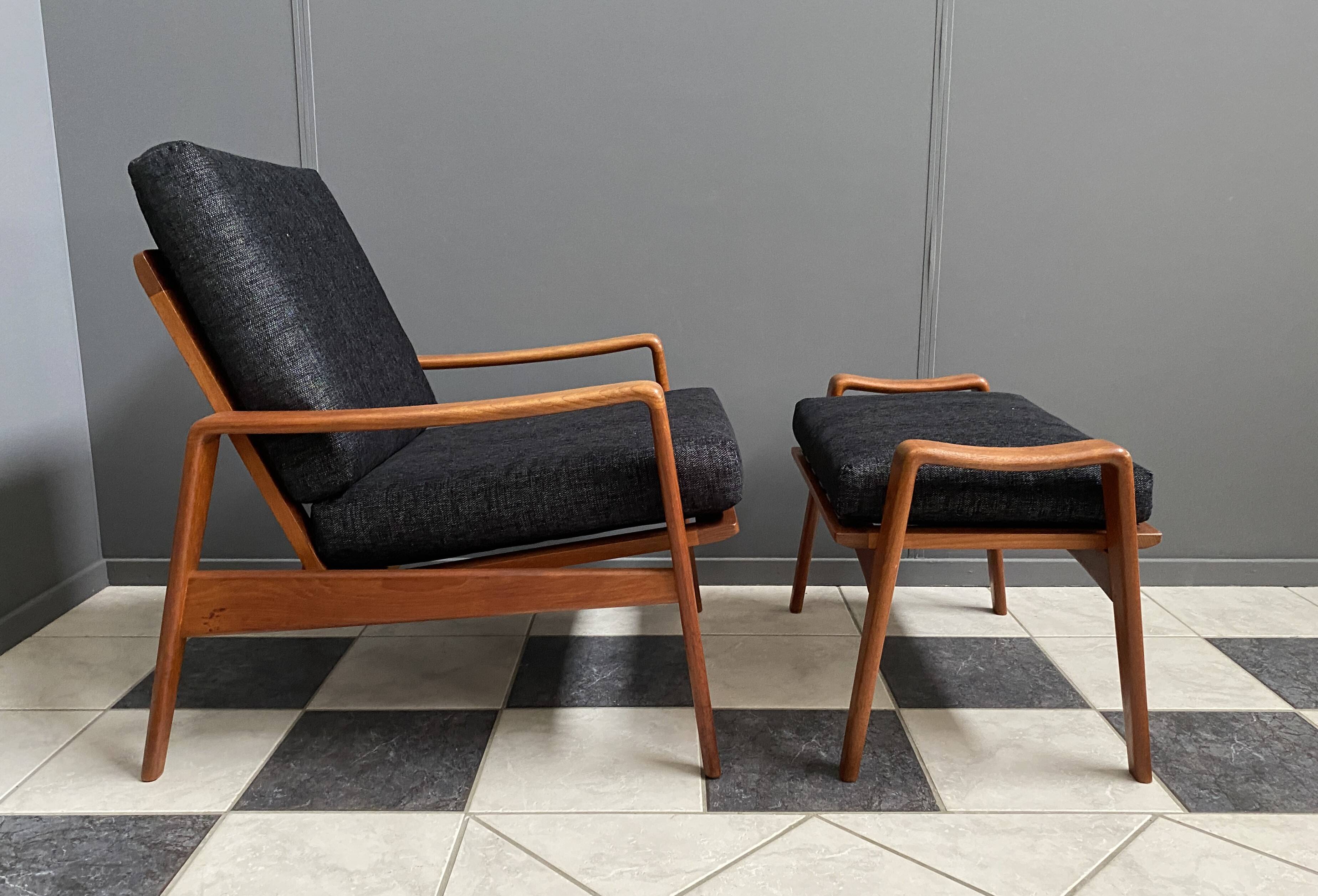 Arne Wahl Iversen Danish Teak chair for Komfort Denmark with Ottoman 1960s