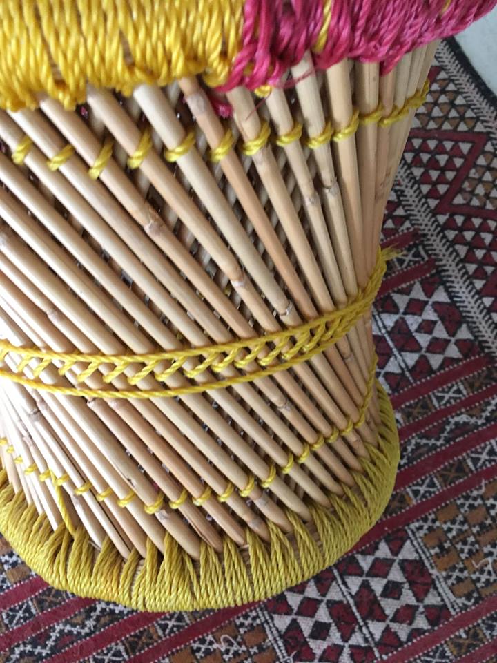 Indian stool style bohemian, bamboo natural and sitting in two-tone cotton