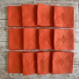 Old tablecloth & its 12 damask napkins numbered "JB" color apricot - linen - 12 covers
