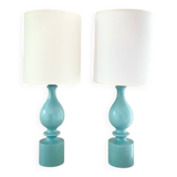 Pair of sky blue Philippe Capelle bedside lamps in turned wood - 1970.