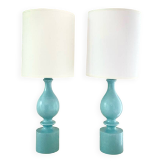 Pair of sky blue Philippe Capelle bedside lamps in turned wood - 1970.