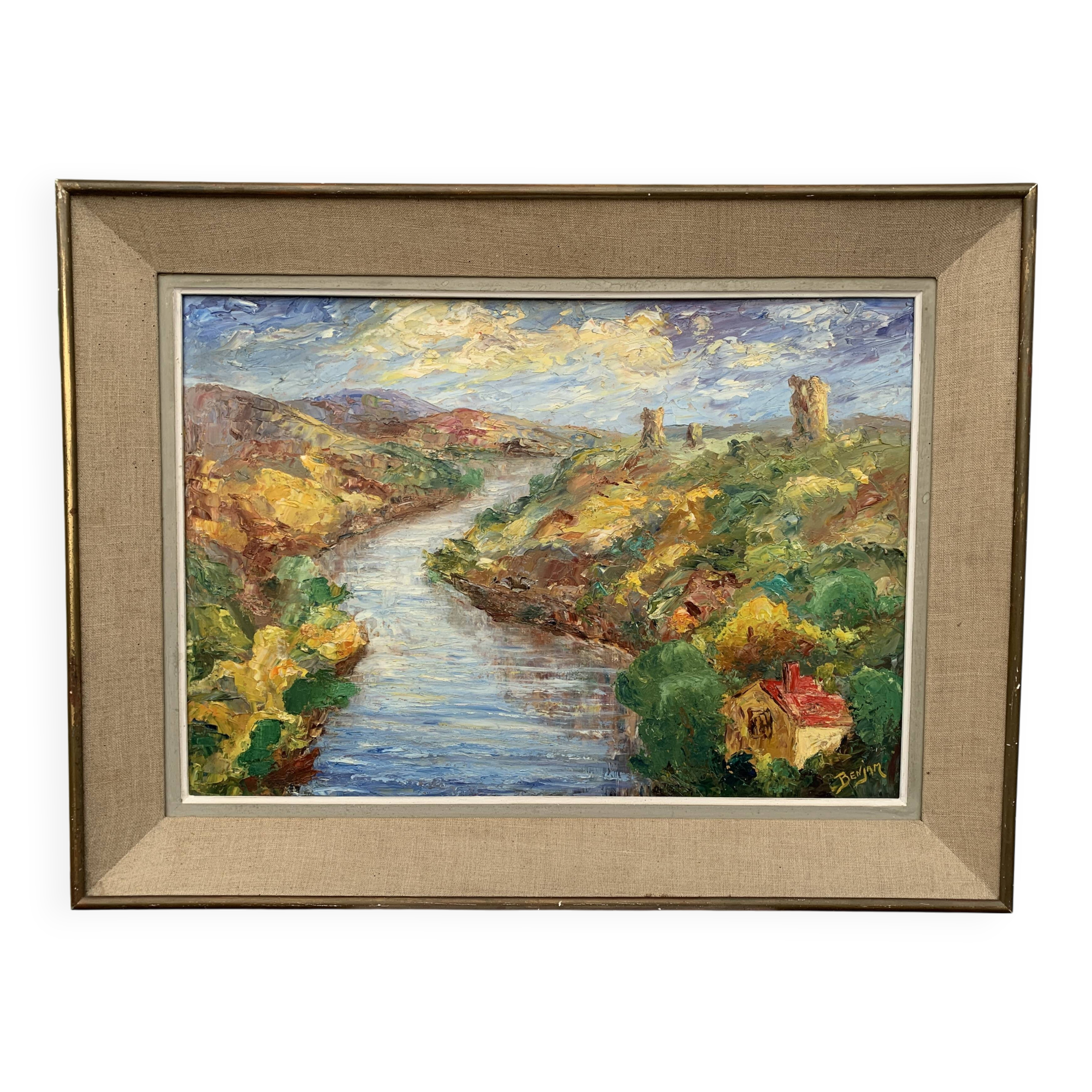 Colorful landscape painting with a river and hills signed Benjam