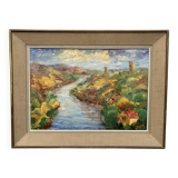Colorful landscape painting with a river and hills signed Benjam