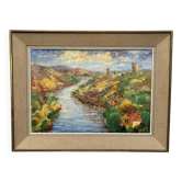 Colorful landscape painting with a river and hills signed Benjam