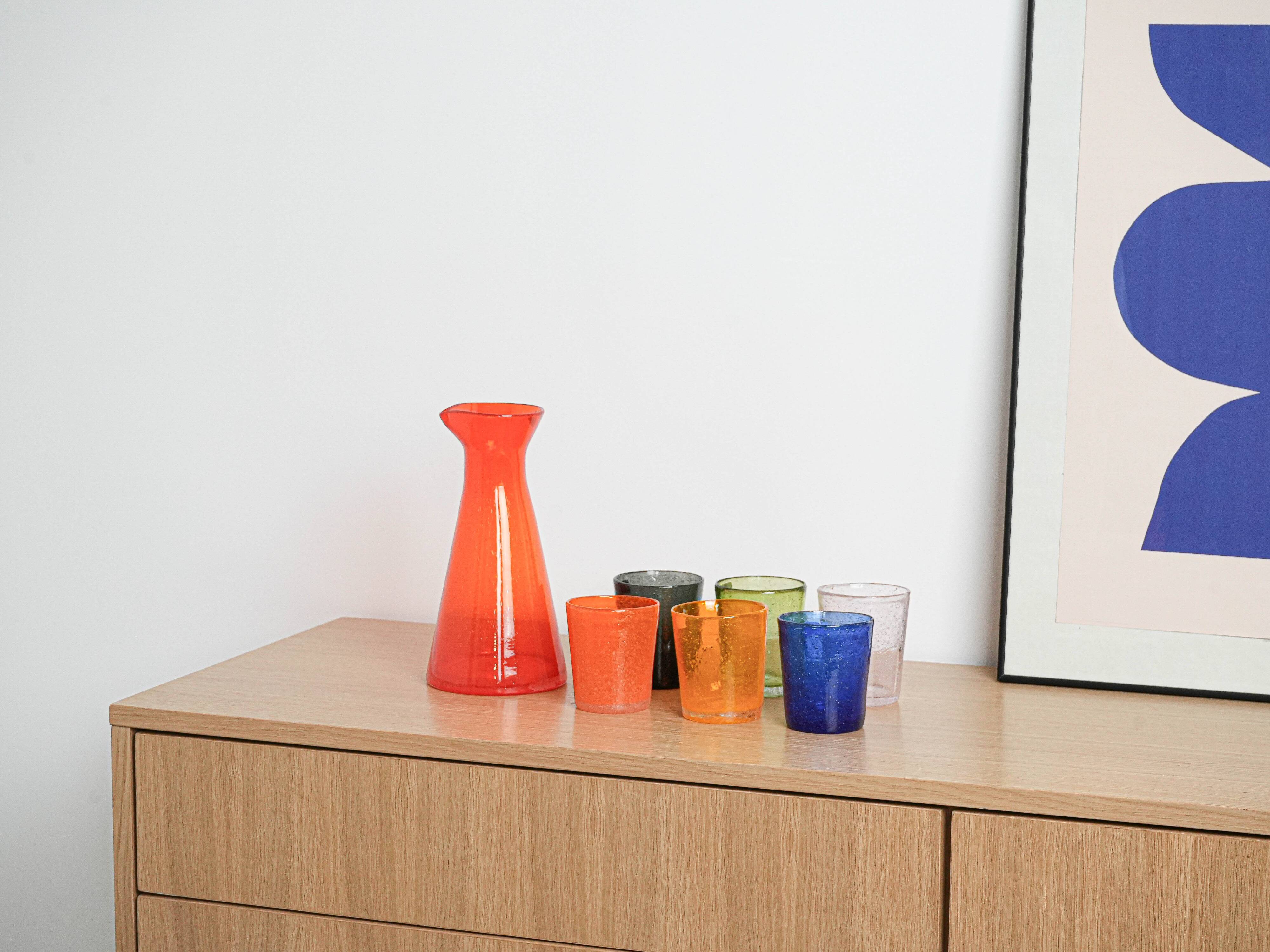 Colourful set of glasses and carafe, Scherzer Bavaria, 1980s, made in Germa