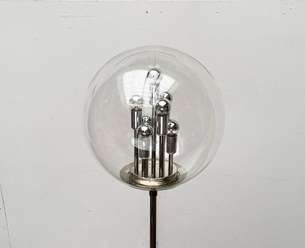 Spherical chrome and glass planetary floor lamp from the mid-century German space age by Doria Leuchten, 1960s.