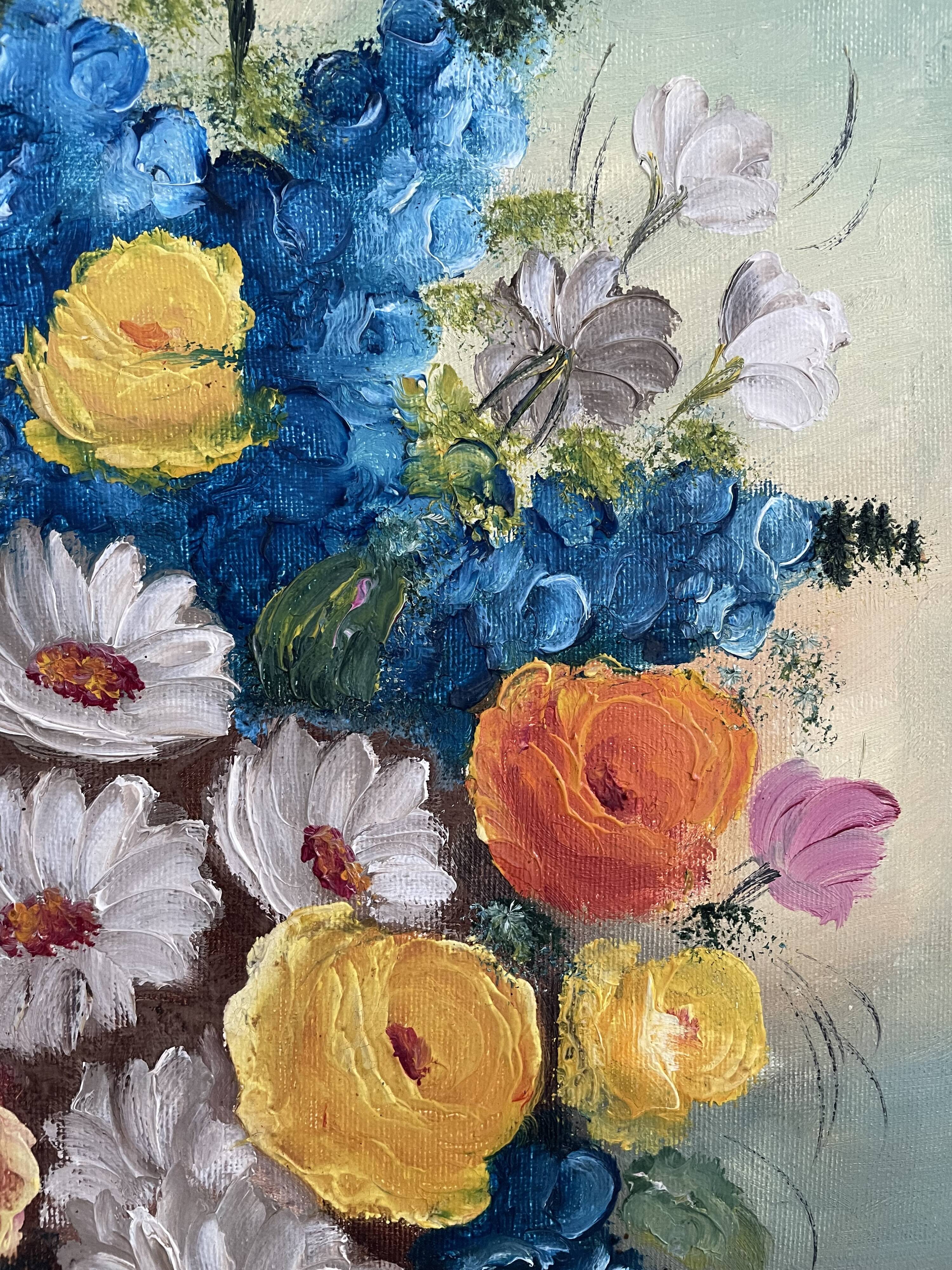 Oil painting, still life with bouquet, flowers, signed betez, floral decor, wooden frame, art