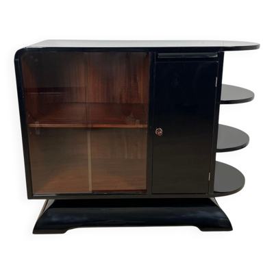 Cabinet demi-lune Art Déco français en laque noire et acajou, 1930