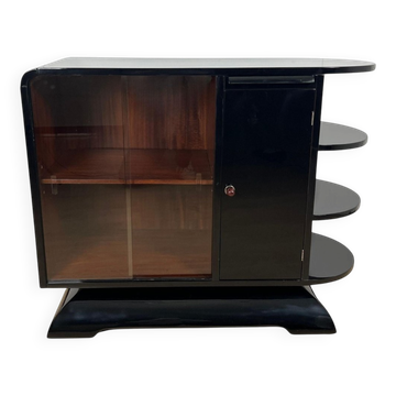 Cabinet demi-lune Art Déco français en laque noire et acajou, 1930