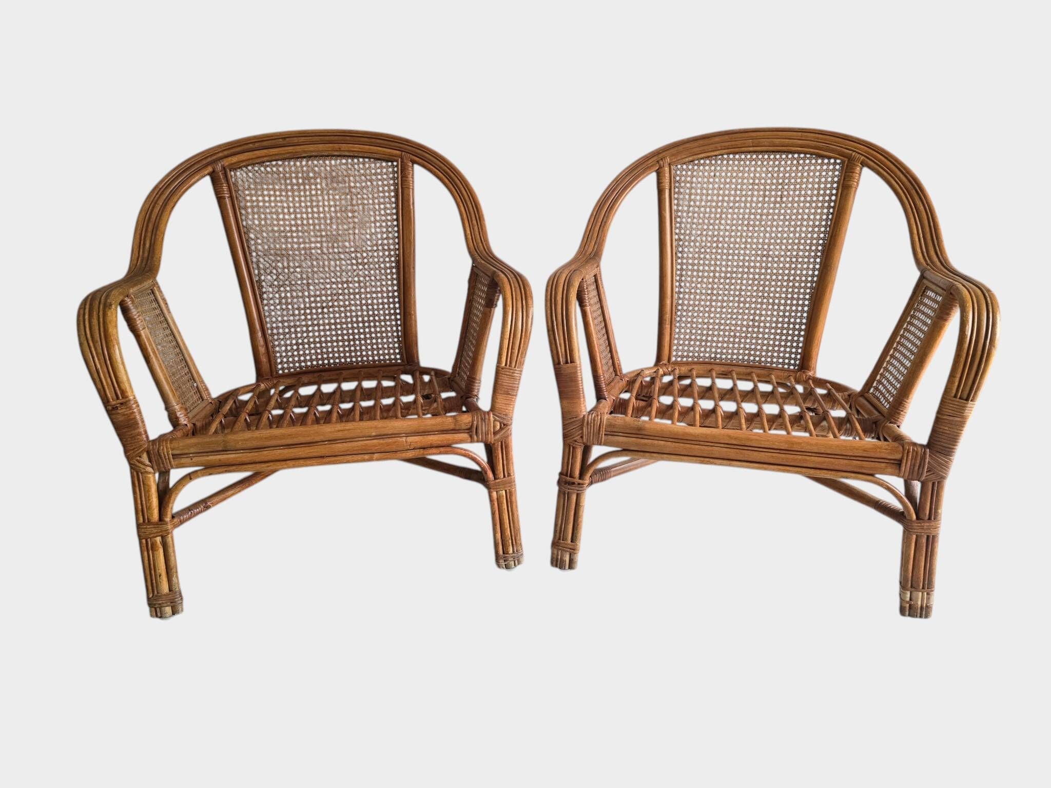 Pair of vintage rattan and cane armchairs – 1960s/70s Pair of f