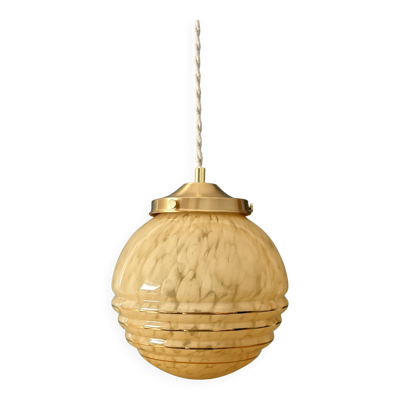 Suspension globe vintage art déco en verre de Clichy jaune et doré
