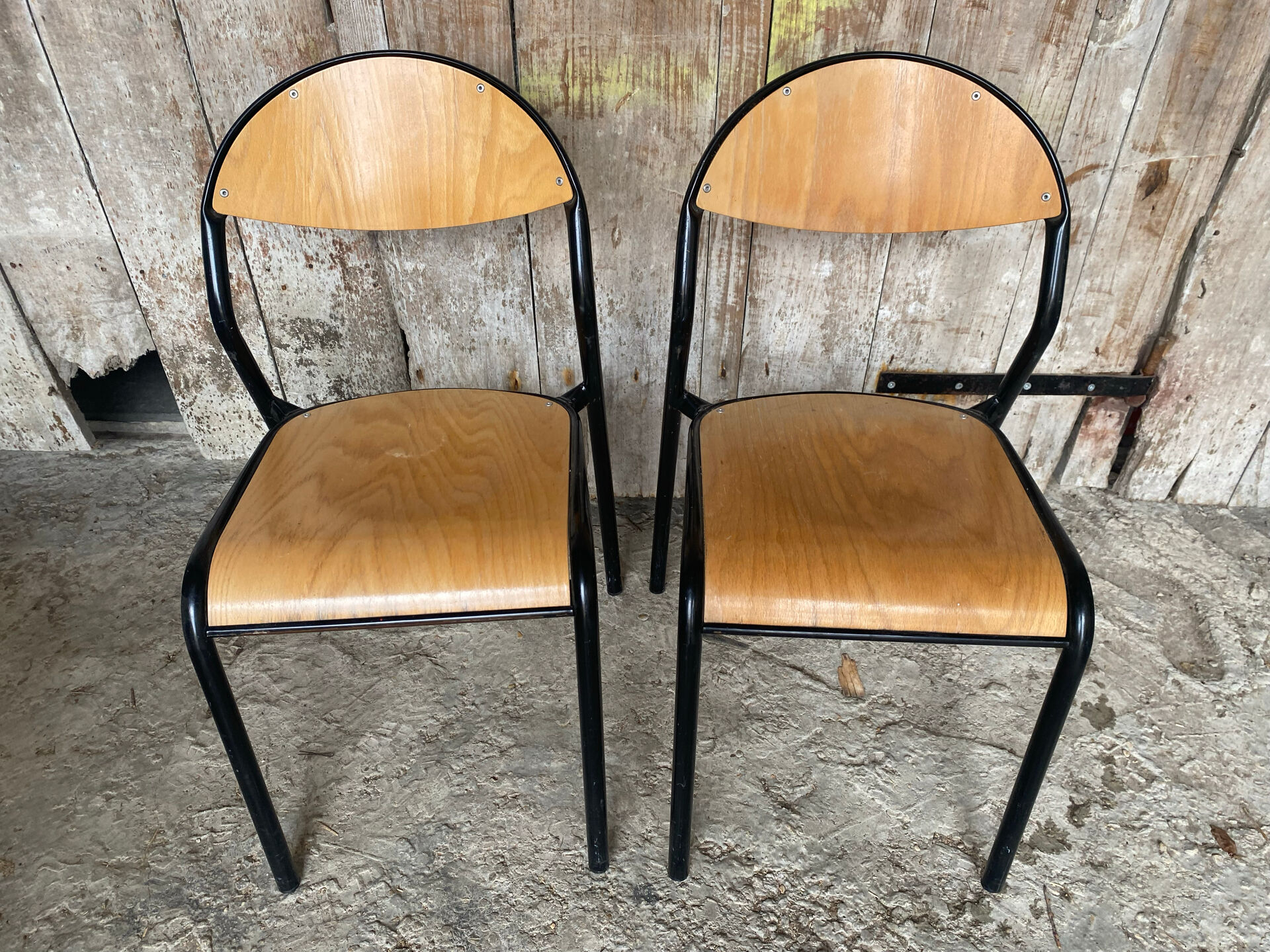 Paire Chaise Ancienne Écolier Style MULLCA Métal Noir + Bois Vintage #