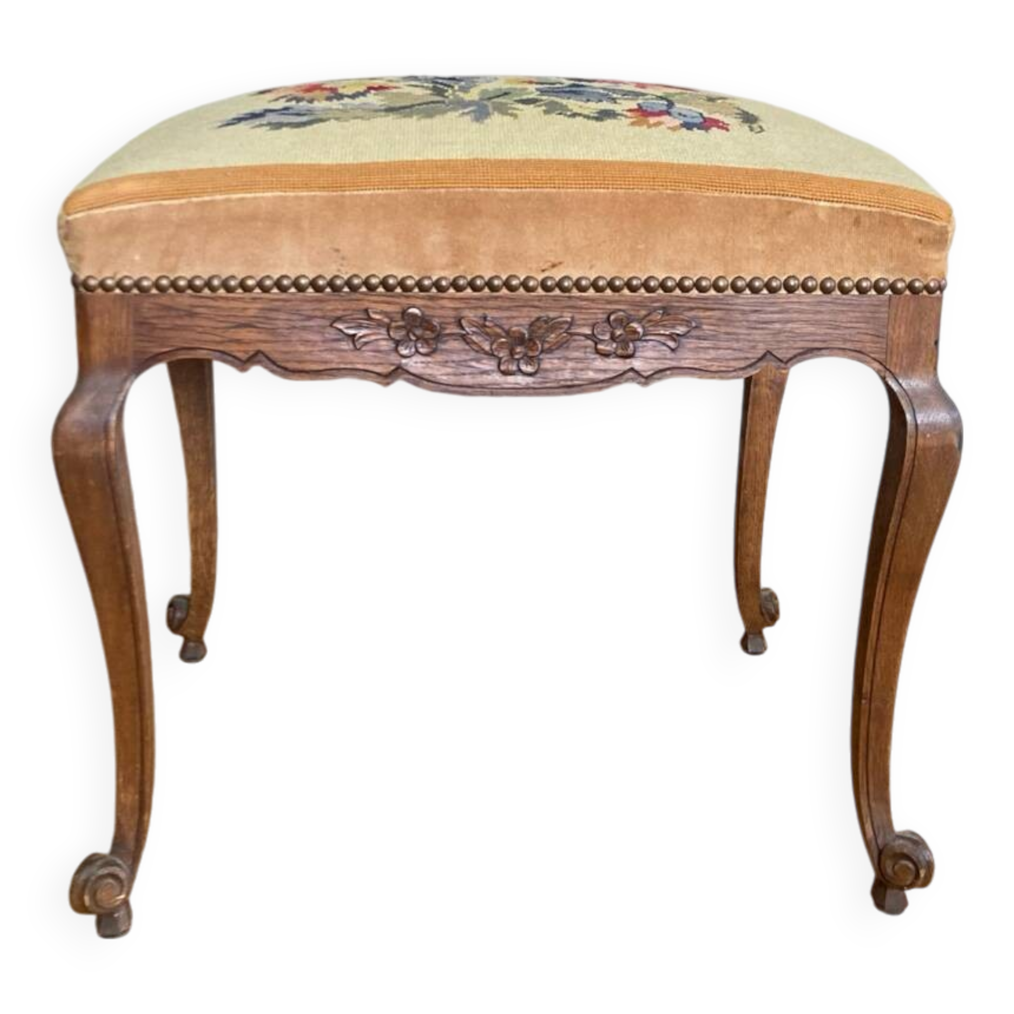 19th century Regency footrest with floral bouquet tapestry made with cross stitch