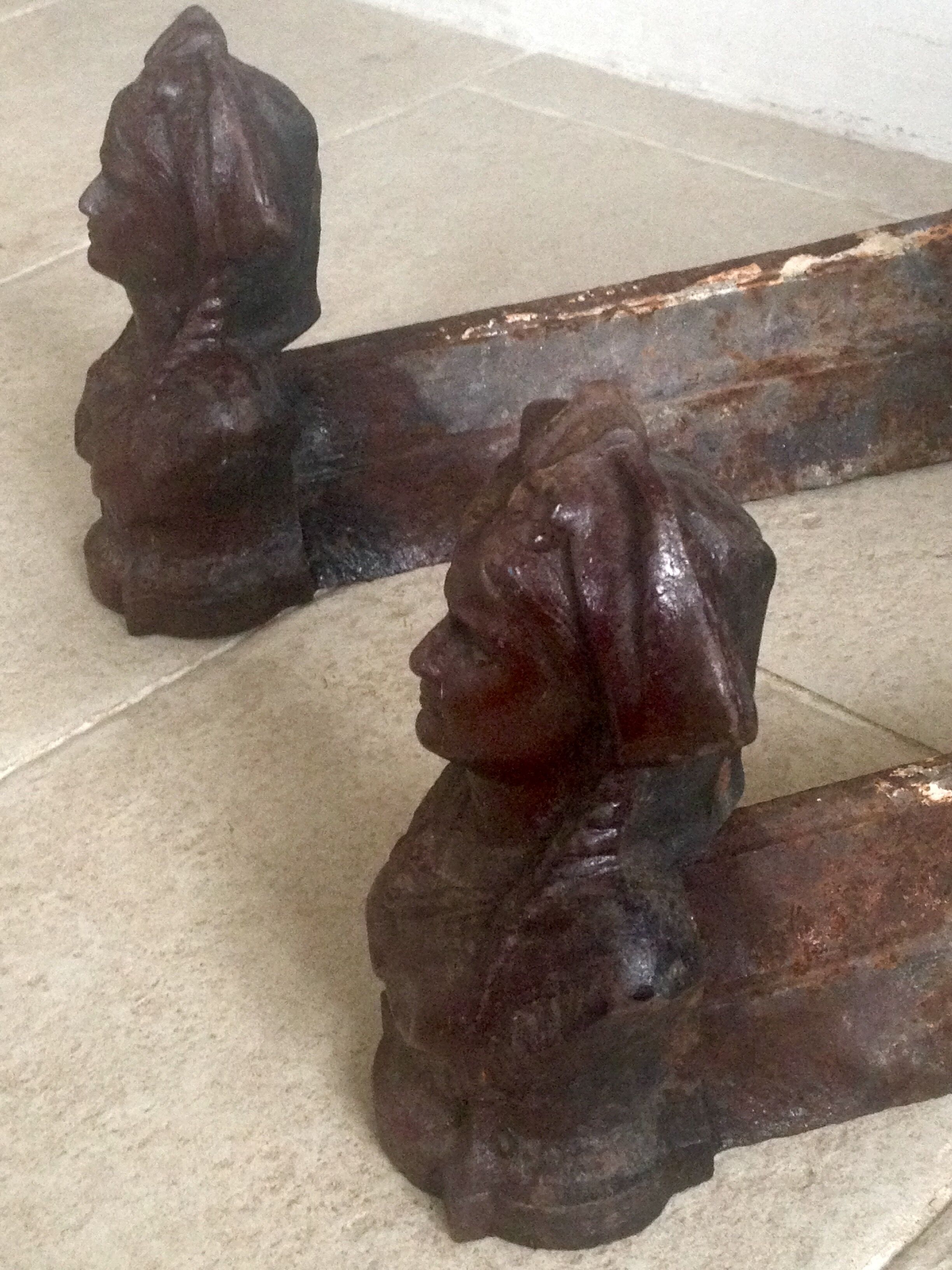 Pair of old andirons, Alsatian busts