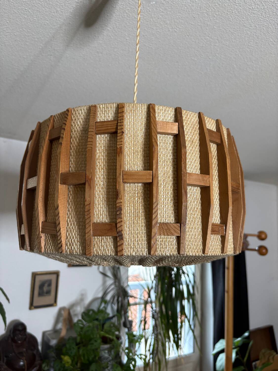 Scandinavian pendant light from the 1960s, made of wood and fabric