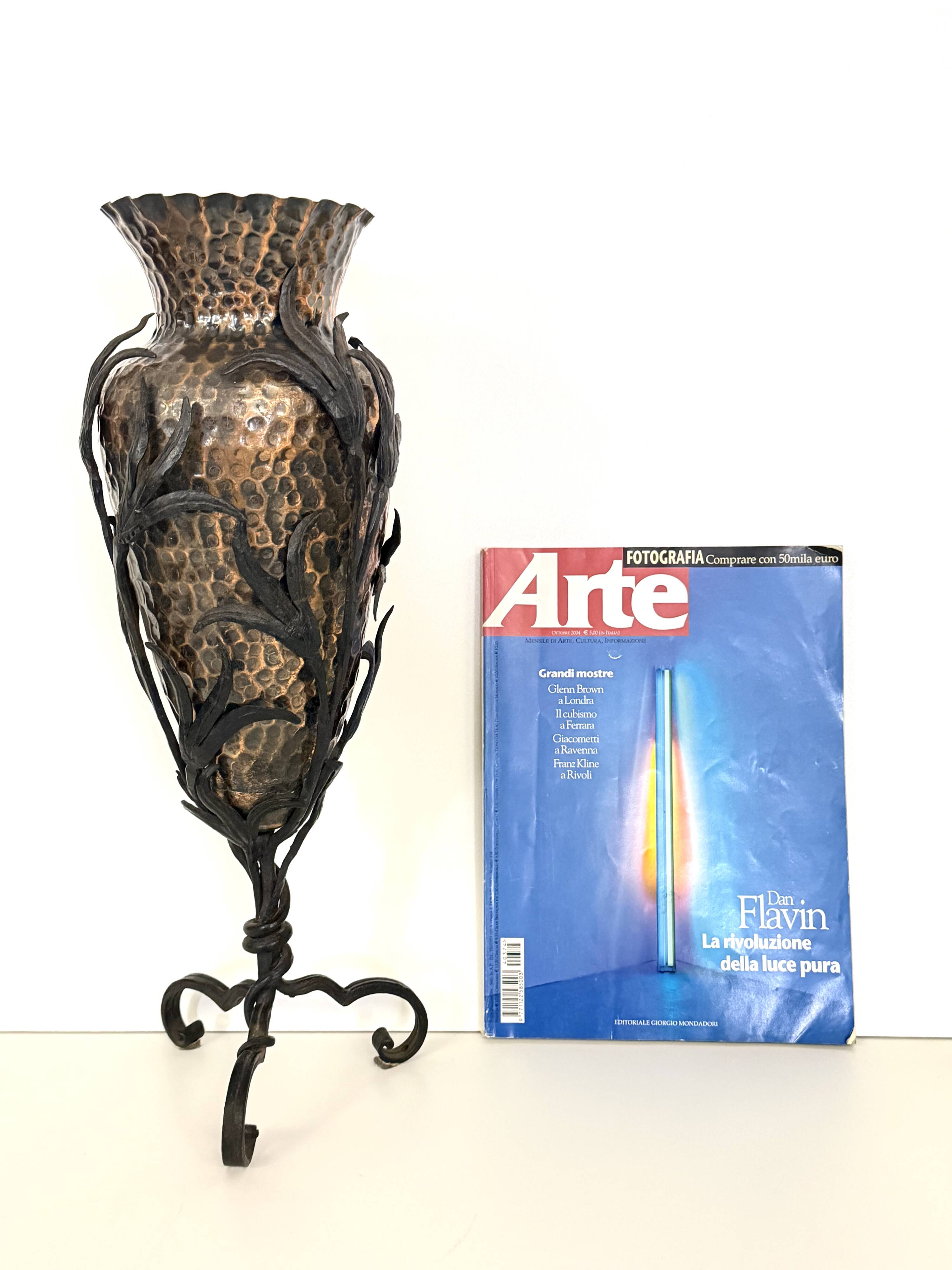 Copper Vase with Wrought Iron Snake and Leaves attr. to Alessandro Mazzucot