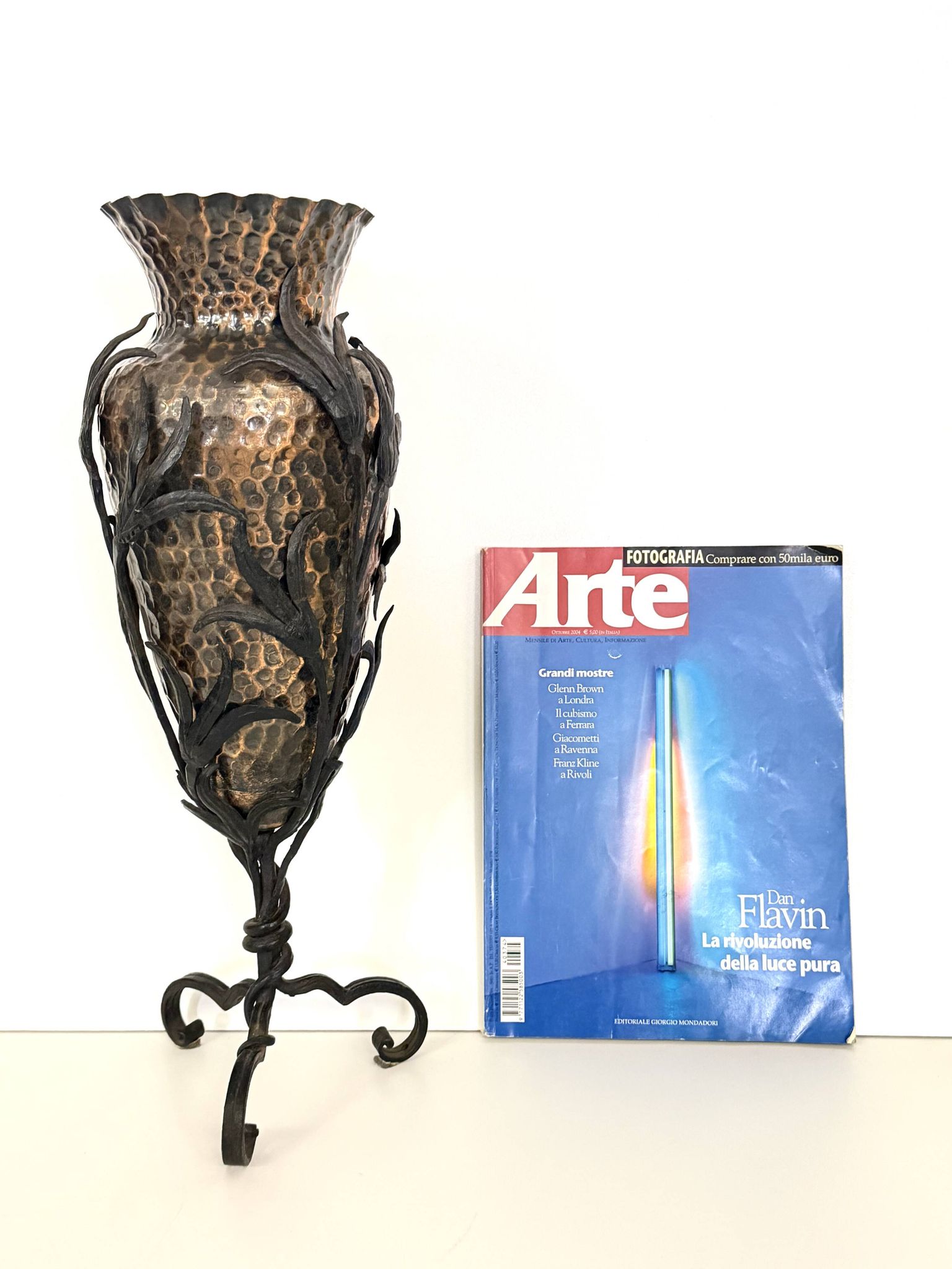 Copper Vase with Wrought Iron Snake and Leaves attr. to Alessandro Mazzucot