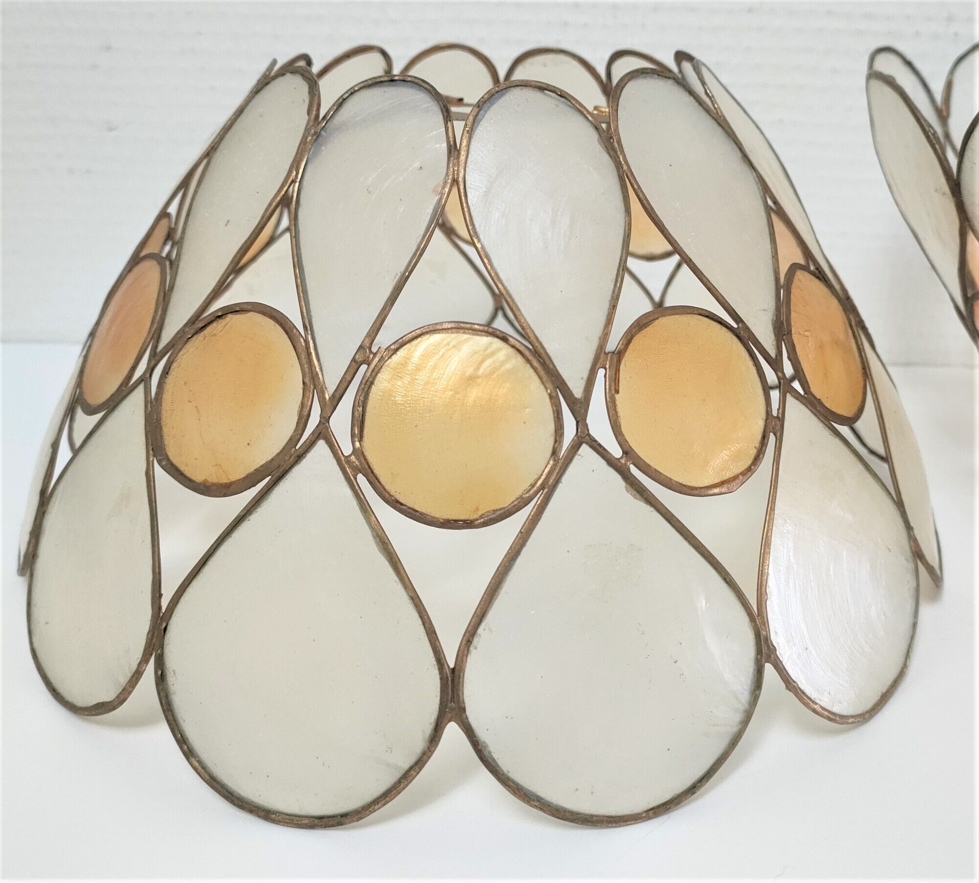 Pair of Capiz mother-of-pearl lampshade and vintage gilded metal