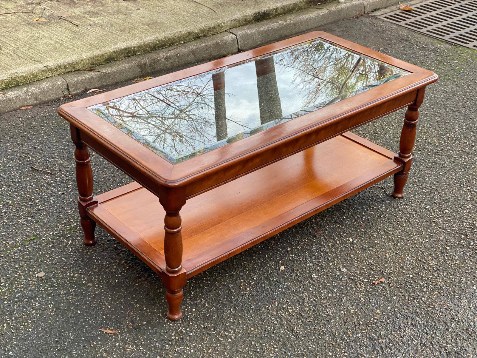 Vintage Louis Philippe coffee table in solid wood and glass, 110x55cm