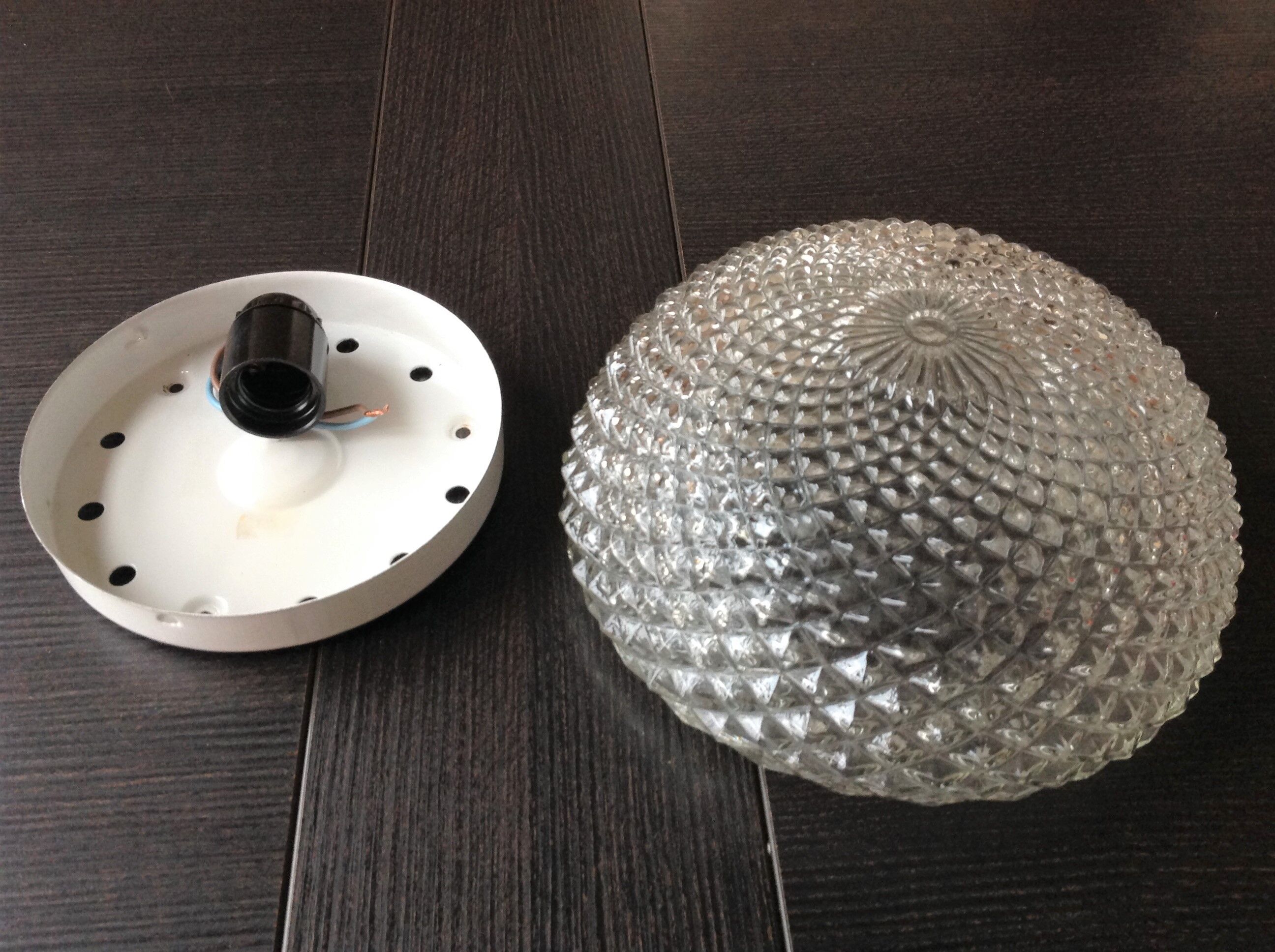 Round glass ceiling lamp diamond tips, vintage 60/70s