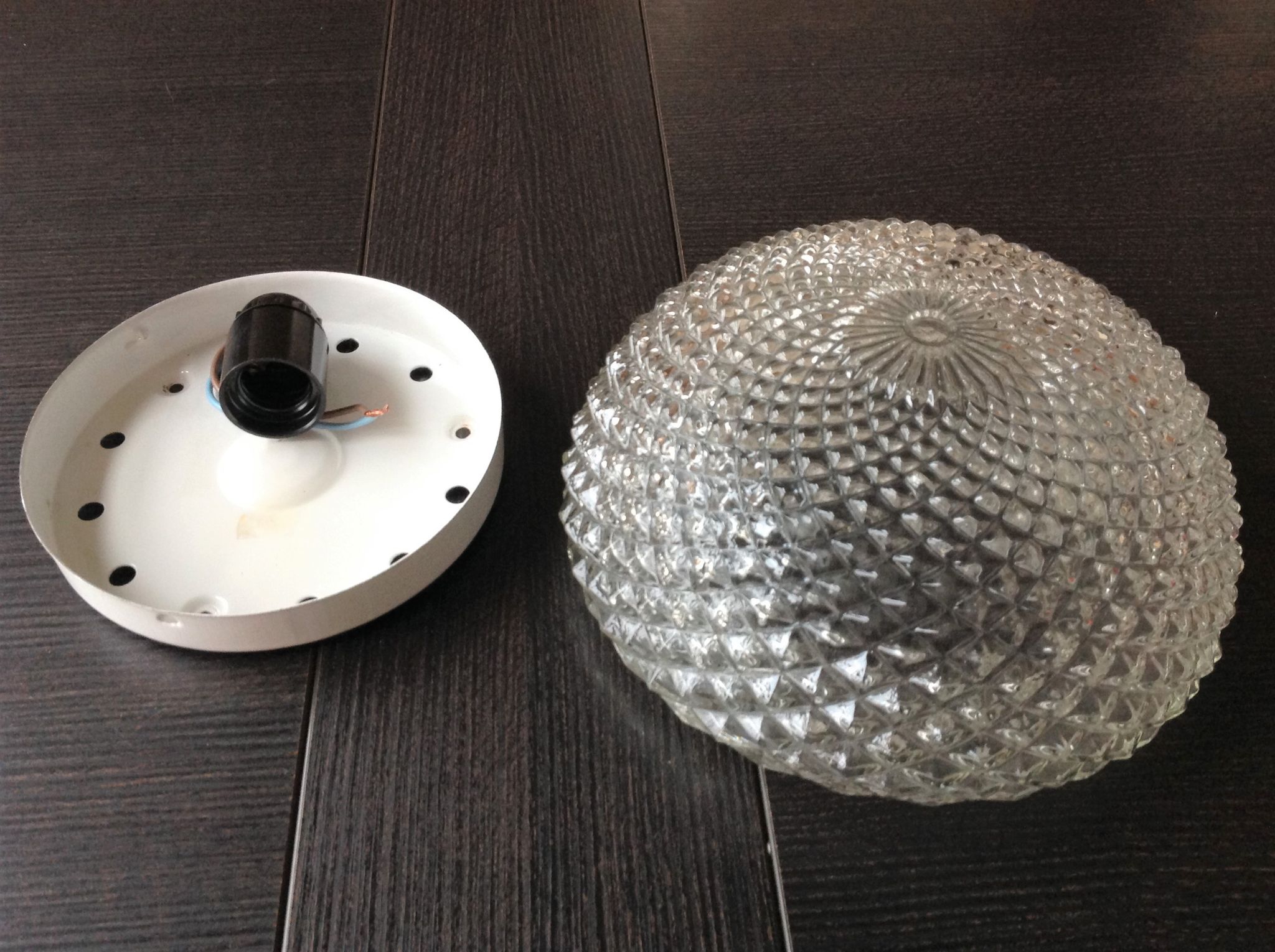 Round glass ceiling lamp diamond tips, vintage 60/70s
