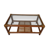 Vintage coffee table in rattan, bamboo and glass tray