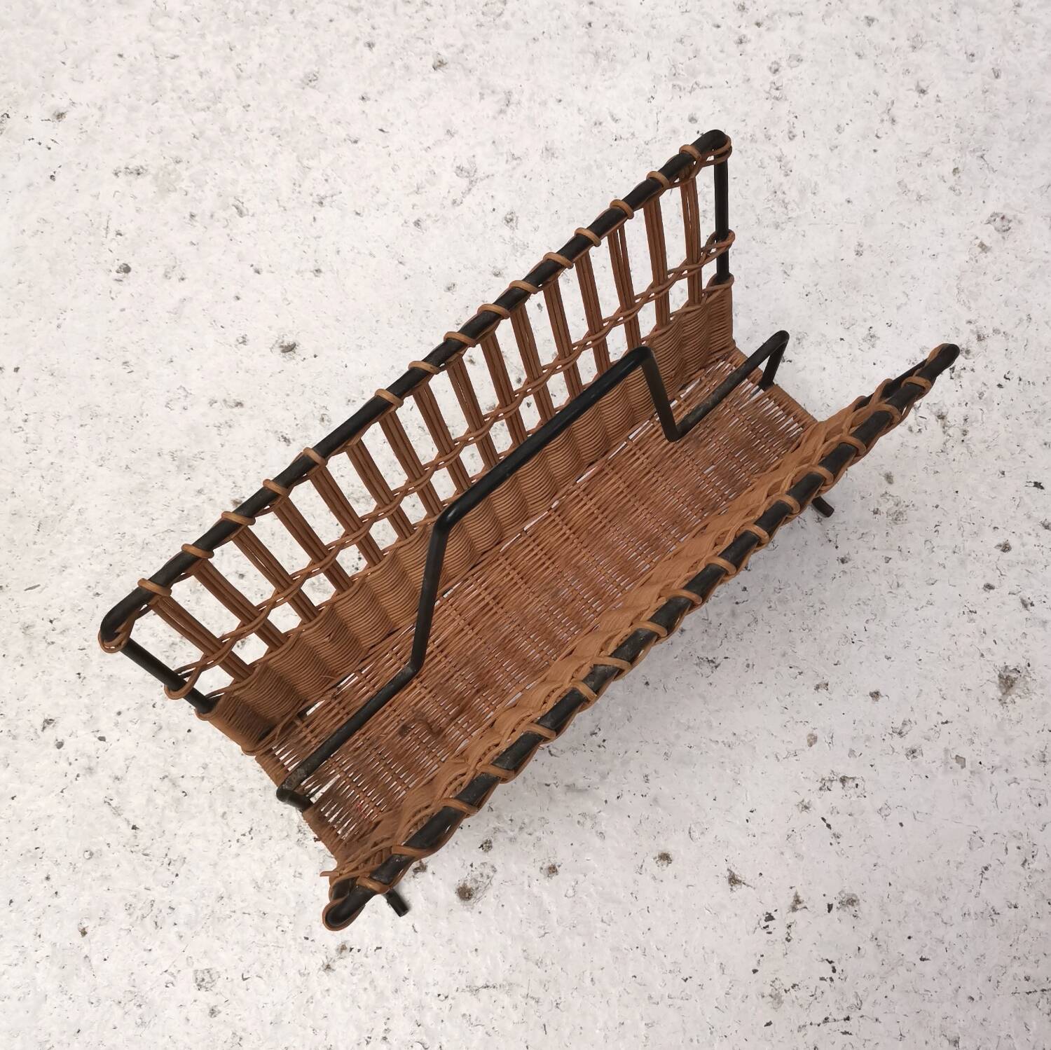 Vintage rattan and metal magazine rack, Raoul Guys