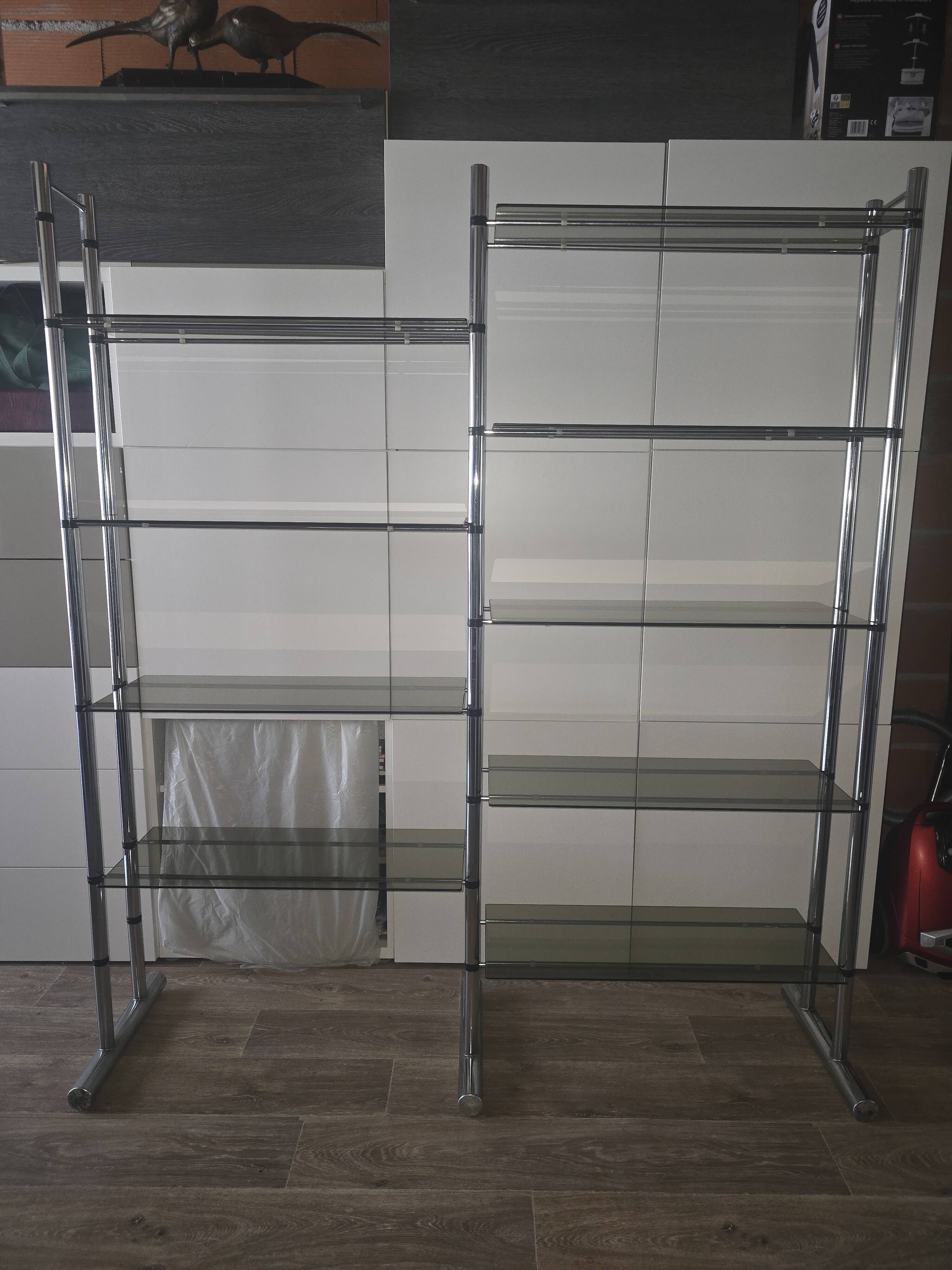 Large vintage double bookshelf from the 70s with chrome and smoked glass.