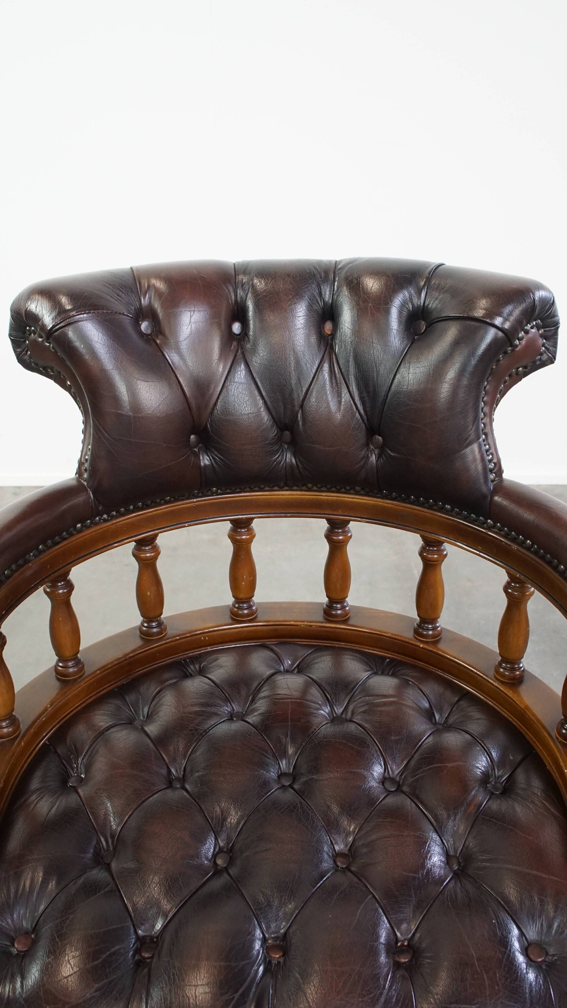 Chesterfield Office Chair on Wheels in Dark Brown Cowhide Leather