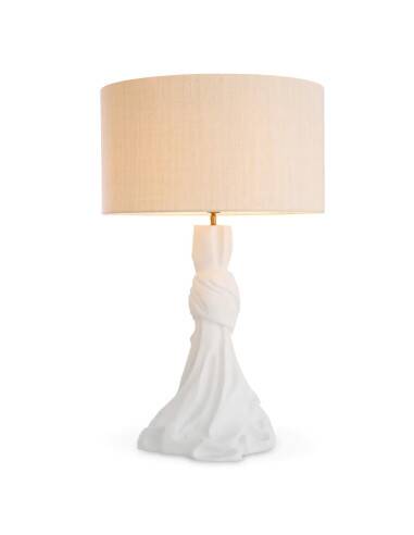 Pair of white and brass table lamps, linen shades.