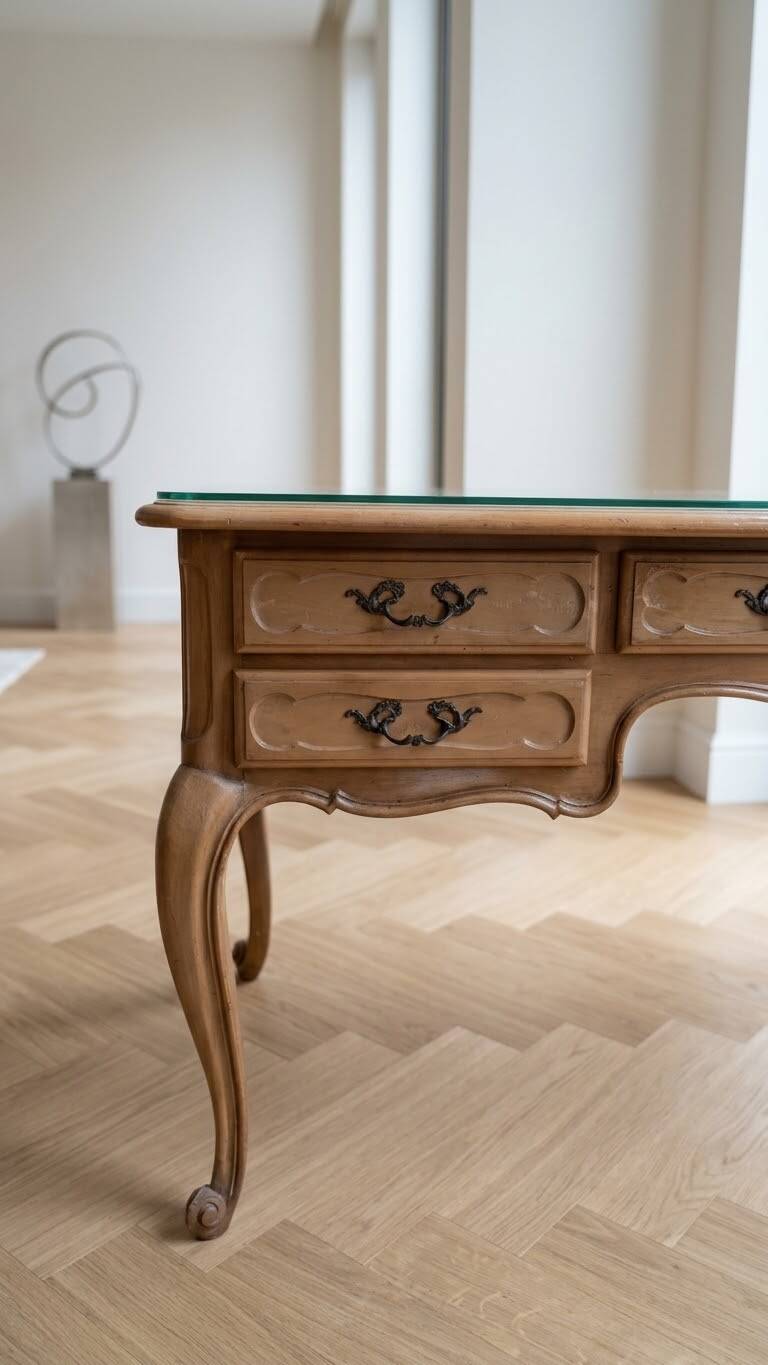 Bureau Louis XV vintage en bois et verre - 5 tiroirs