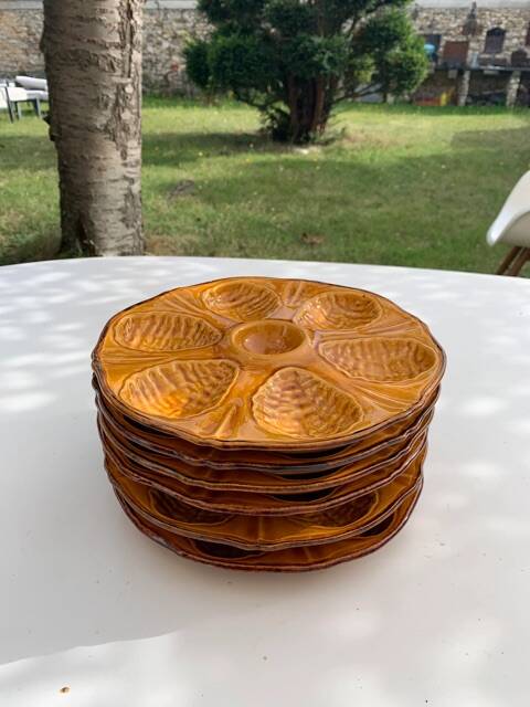 6 oyster plates, for 6 oysters, vintage glazed ceramic slip