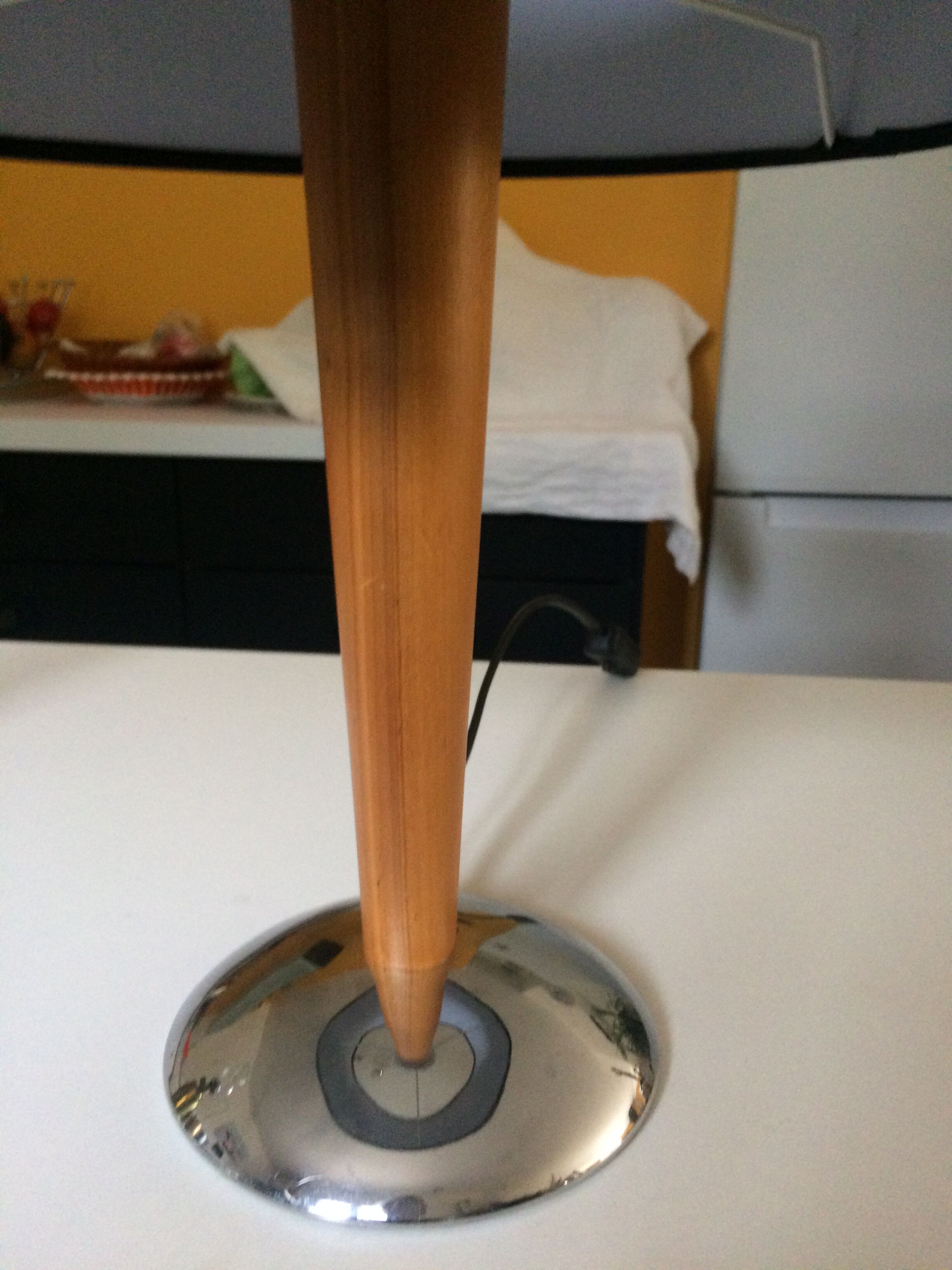 Lamp, light wood foot and stainless steel base, black shade