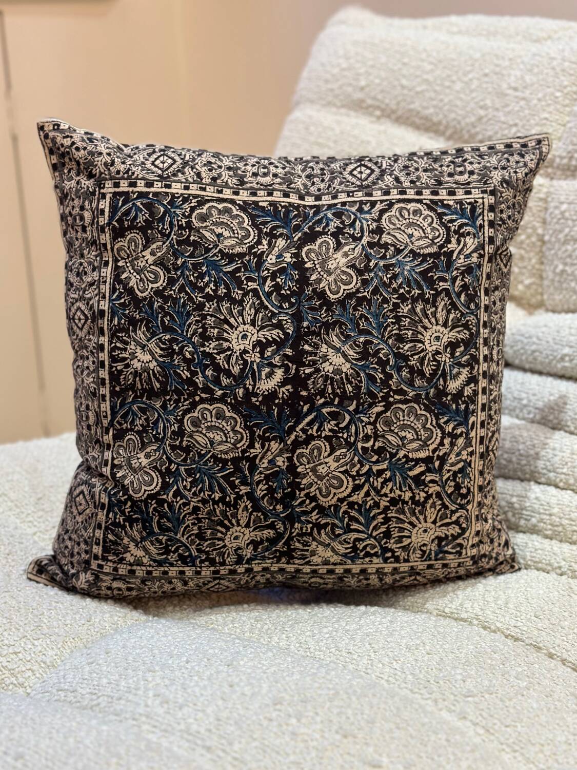 “Indian garden” flower block print cushion - brown/blue