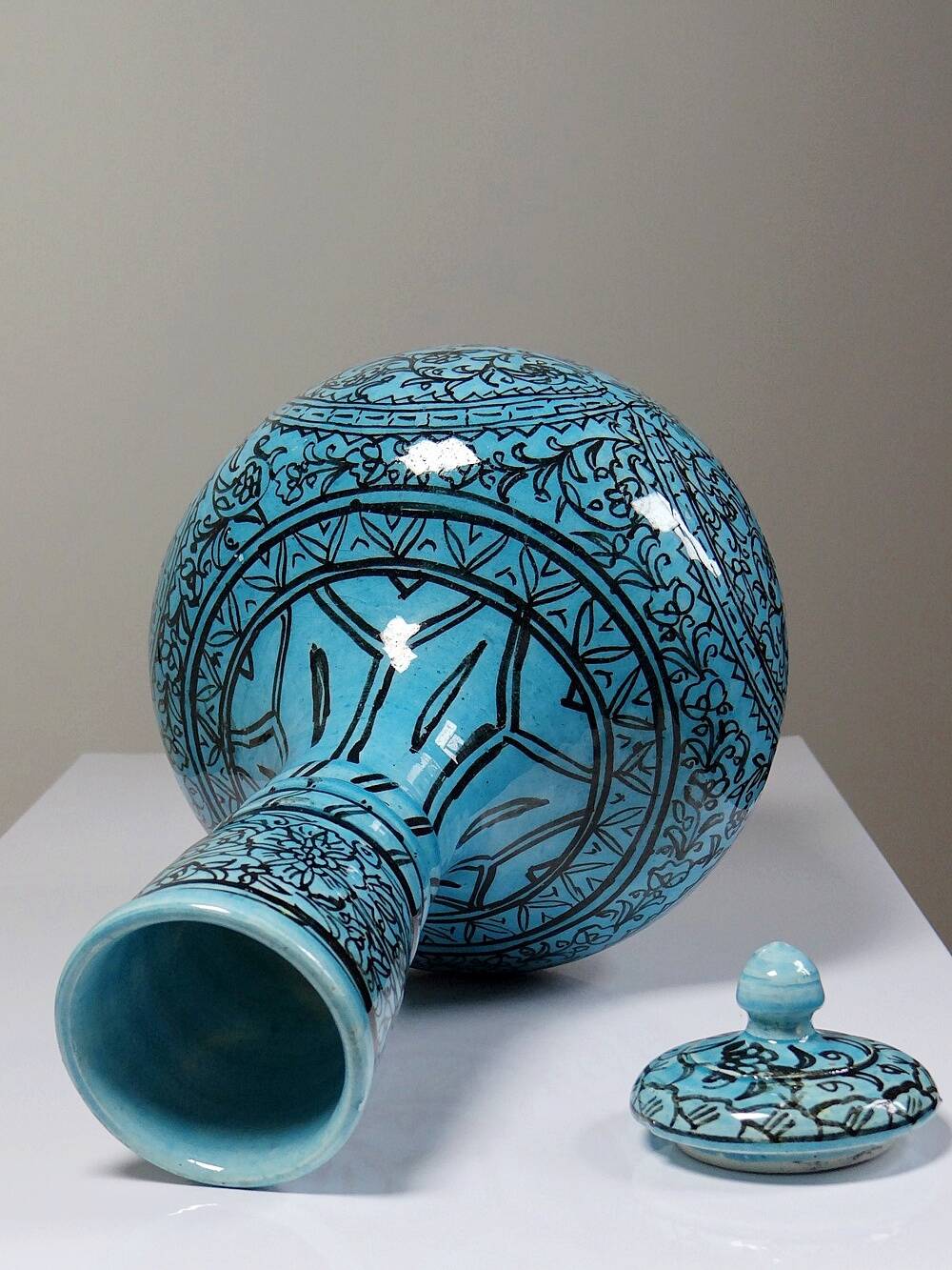 Covered vase or Persian jar, glazed Iznik pottery, vintage turquoise painted.