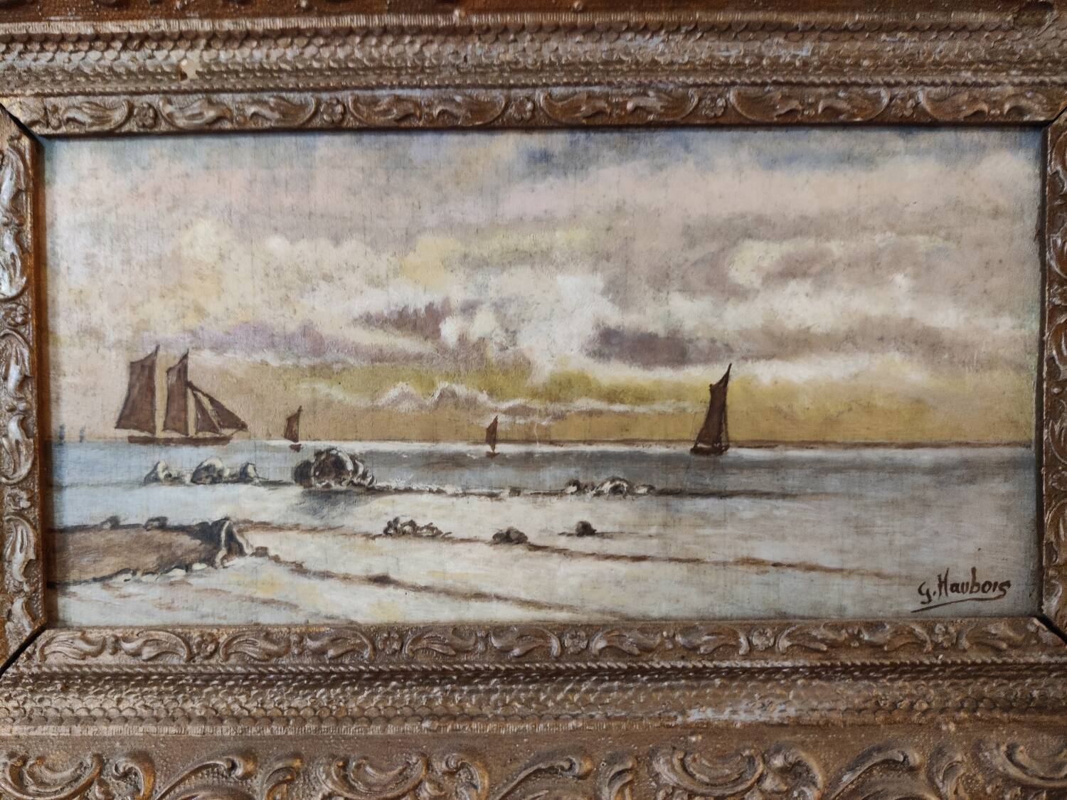 Lot of 2 old marine paintings on wood signed G. Haubois - Gilded frame