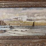Lot of 2 old marine paintings on wood signed G. Haubois - Gilded frame