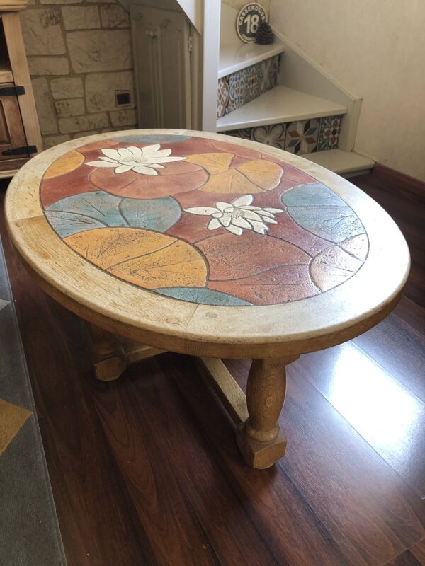 Table basse bois et céramique signée Louis Barrois