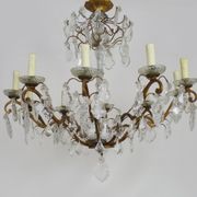 Old chandelier, suspension, old luminaire with 10 branches, brass and glass. 50s