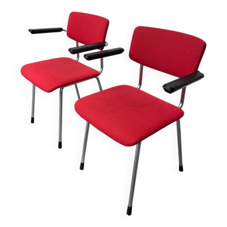 Pair of Gispen armchairs red fabric chrome steel