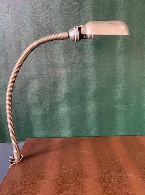 Old workshop lamp, silver metal, flexible, 1950