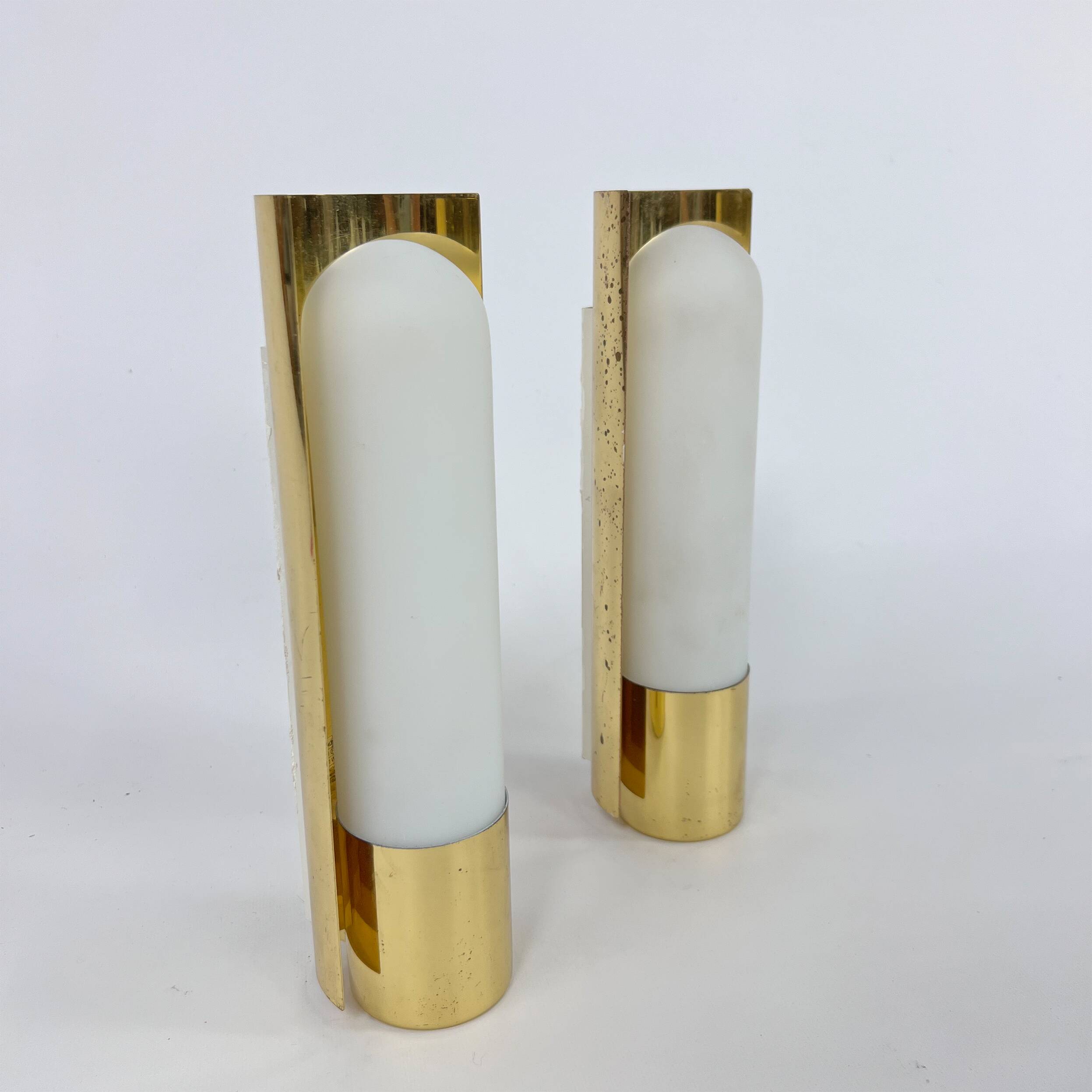 Hollywood Regency Set of 2 Brass and Opaline Glass Scones from Glashütte Limburg, 1970s