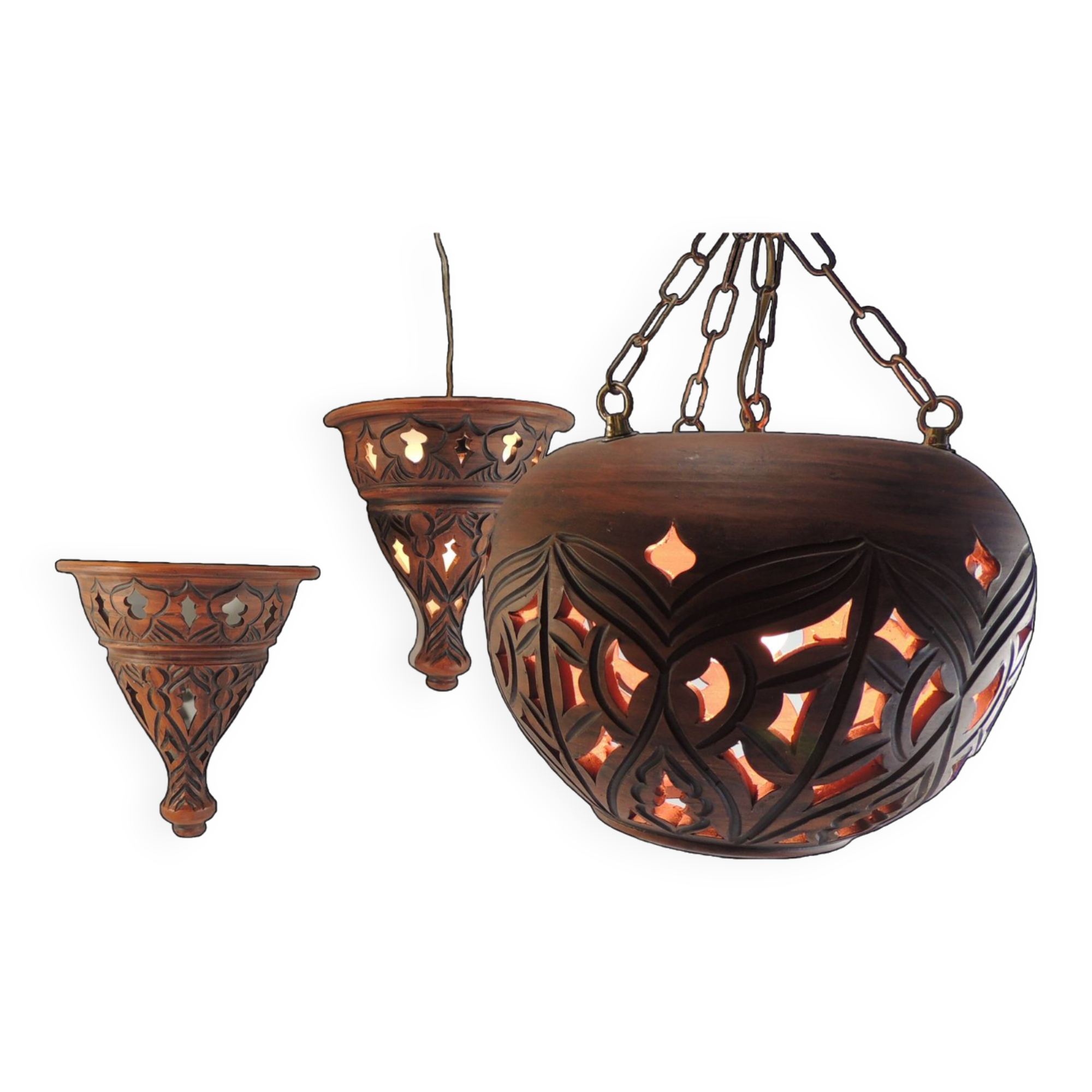 Suspension and pair of terracotta/vintage wall lights