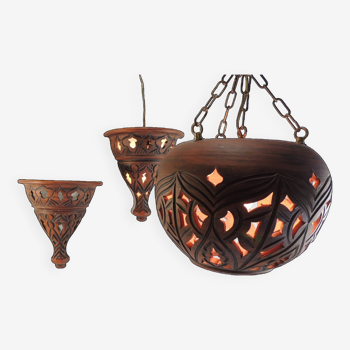 Suspension and pair of terracotta/vintage wall lights