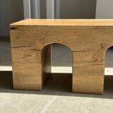 Solid monoxyl wood bench with carved 3-arch base - Natural wood color