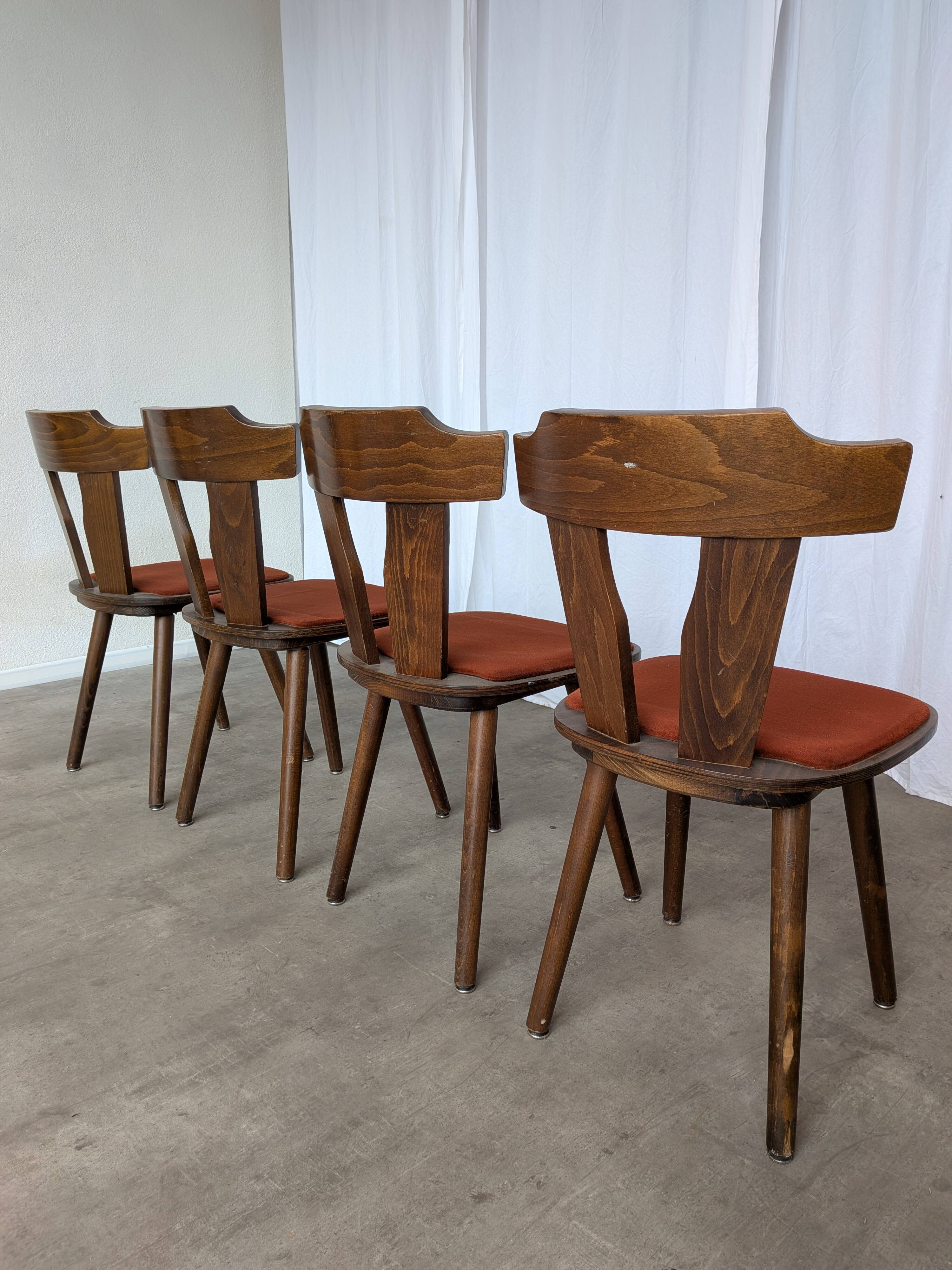 Vintage Tyrolean Dining Chairs: Set of 4, Red Fabric Seat, 1970s