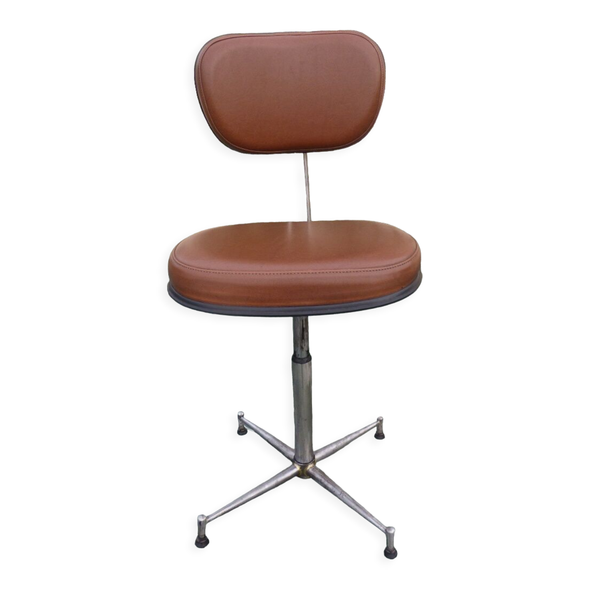 Vintage office chair brand mirima adjustable with brown imitation leather top and metal foot